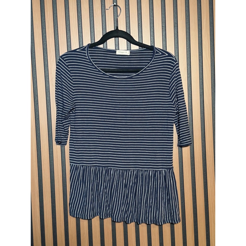 Ginger G Women Navy White Striped Peplum Top Soft Elbow‎ Sleeve Crew Neck Large